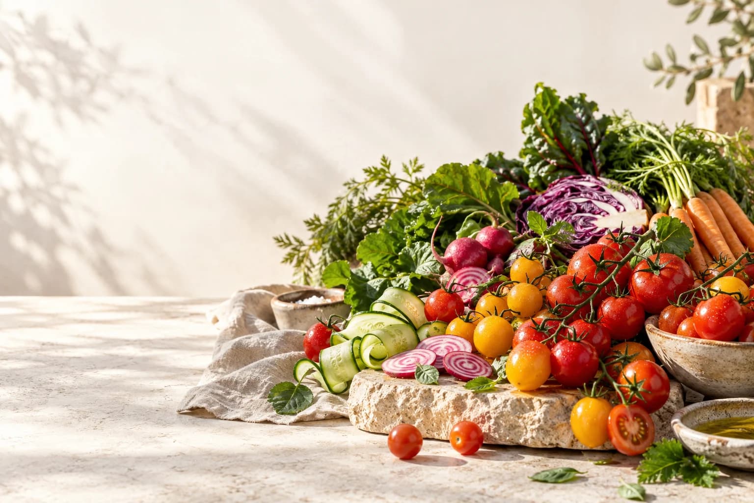 Colourful tomatoes, radishes, carrots and fresh leaves on pale stone.