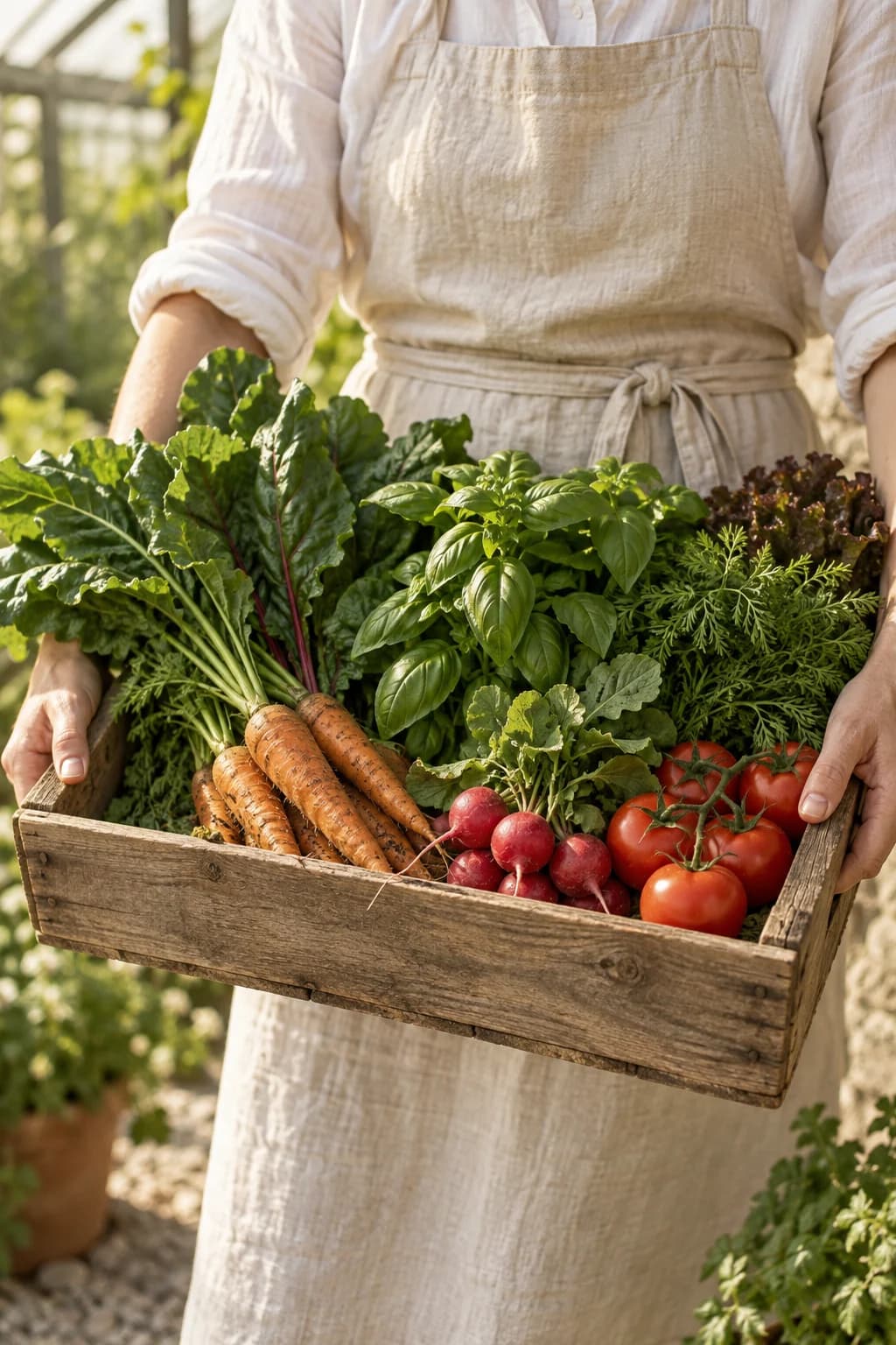 Fresh vegetables gathered in a wooden crate