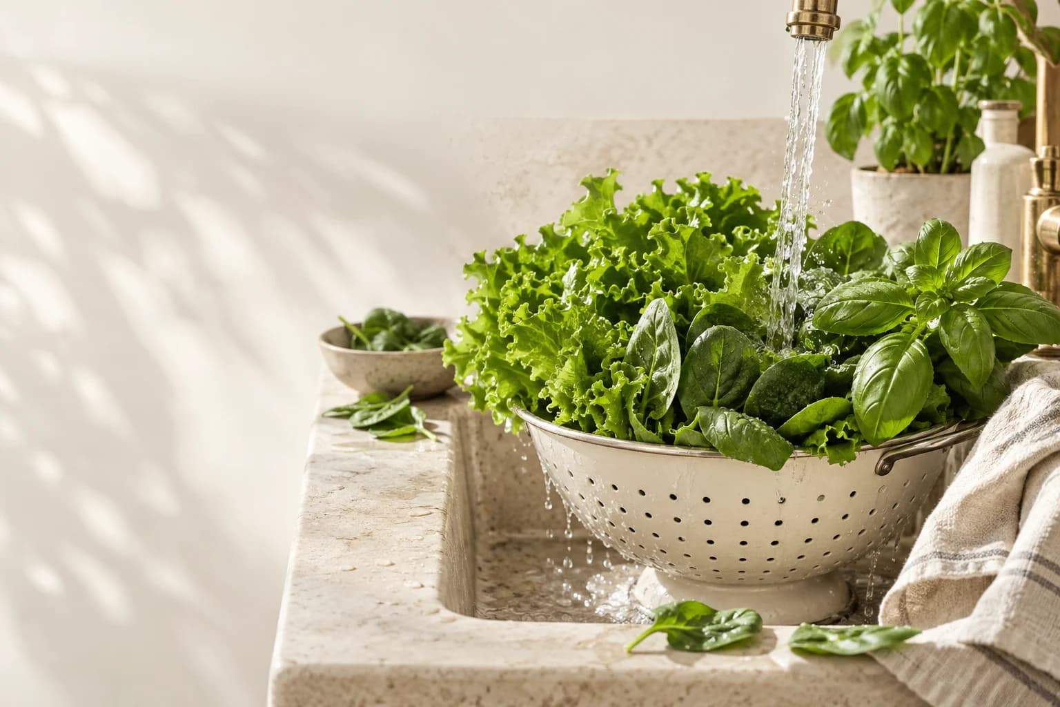Crisp green leaves being rinsed in an ivory colander.