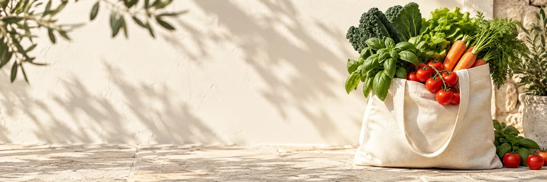 A linen bag filled with fresh vegetables