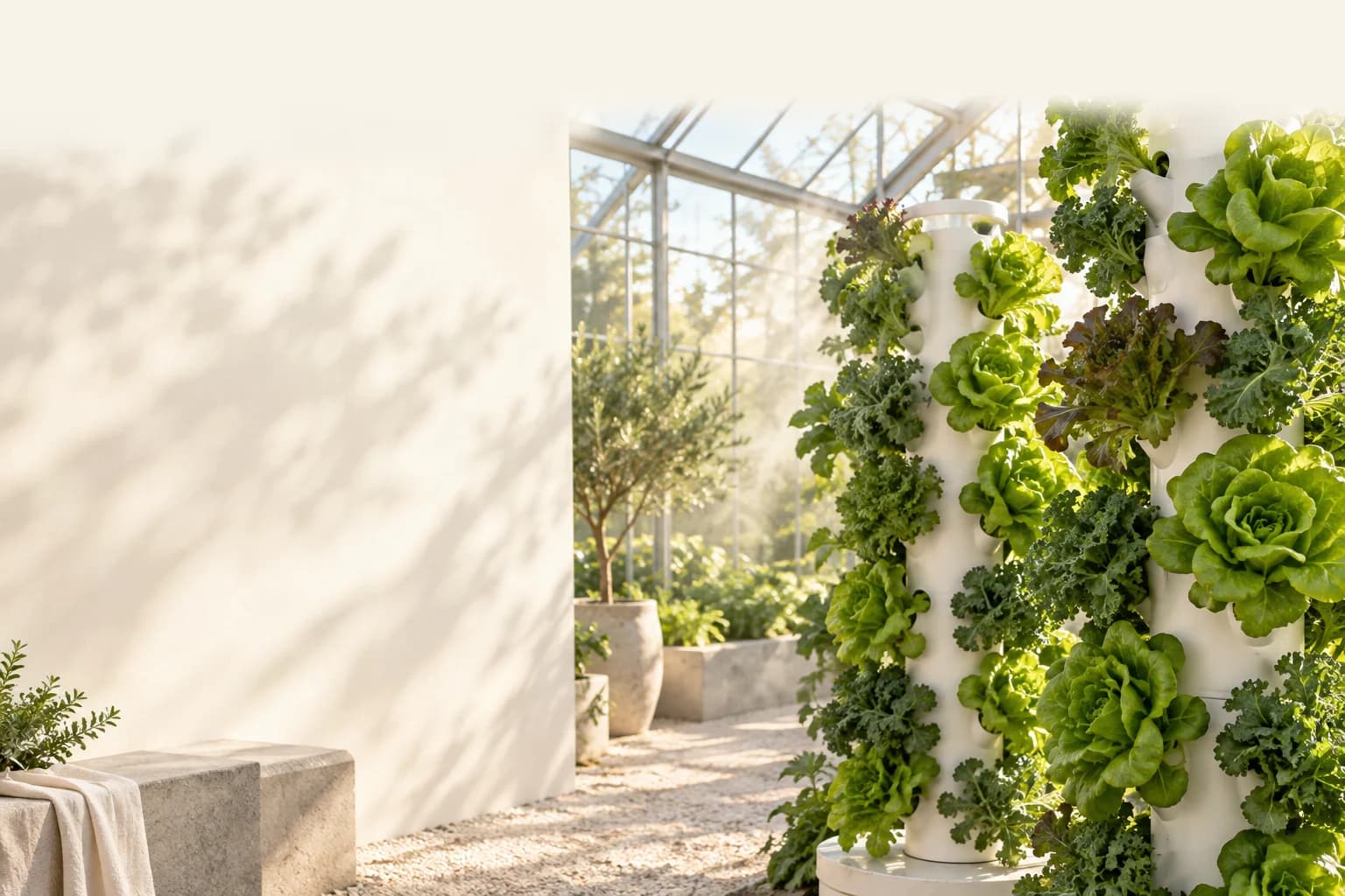 Illustration of leafy greens growing in sunlit vertical towers.