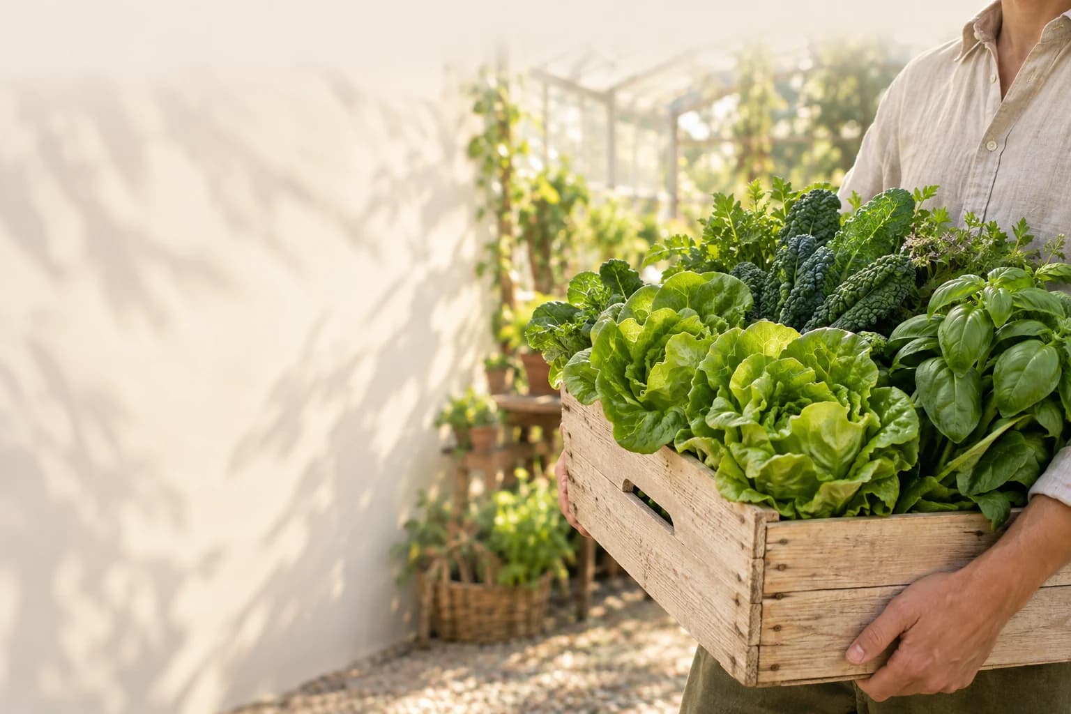 A wooden crate filled with lettuce, kale and fresh herbs.