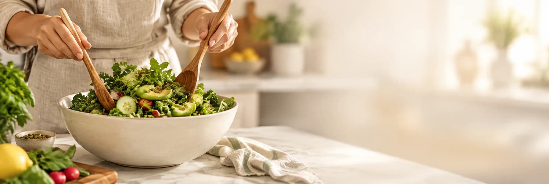 Hands tossing a fresh vegetable salad with wooden spoons