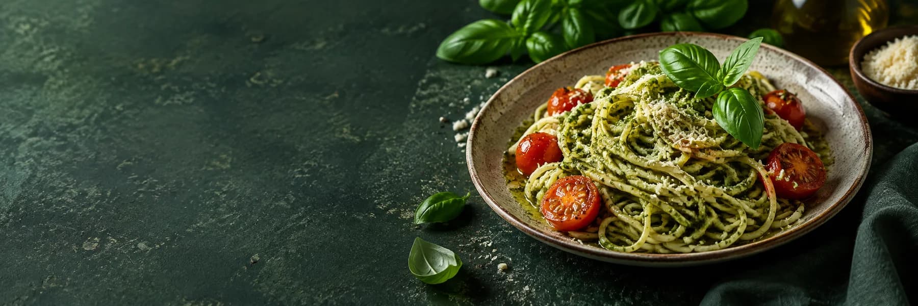 Basil pasta & cherry tomatoes on a green table