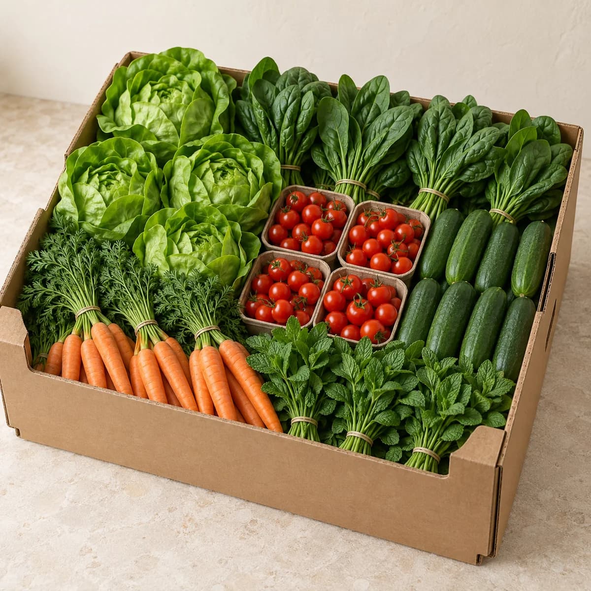 Family box with lettuce, spinach, tomatoes, cucumber, carrots and mint