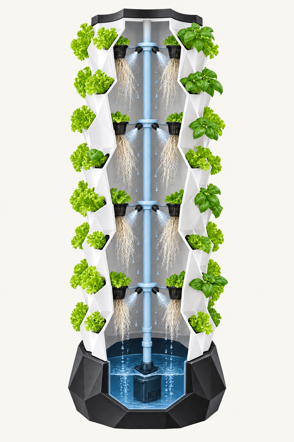 Cutaway of a pineapple-shaped aeroponic tower showing suspended roots, spray nozzles, central pipe & reservoir